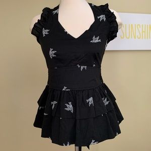 Anthropologie Black Halter Swallow Print Top